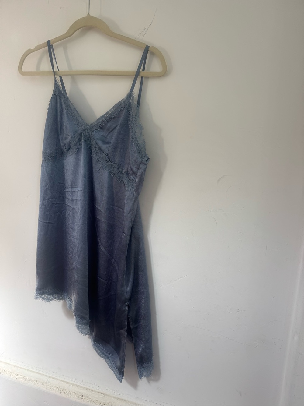 easel Slate Blue Lace Trim Satin Slip Dress